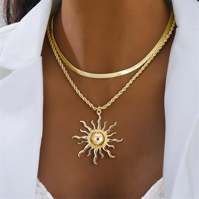 Übertriebene Große Sonne Anhänger Halskette für Frauen Trendige Doppellagige Schlangenkette Sommer Schmuck Accessoires