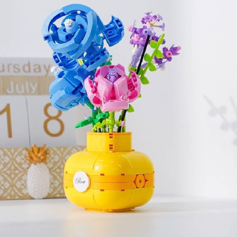 Mini Sunflower Rose Block Flower Bouquet In Vase Puzzle Toy Birthday Gift For Girls Rose