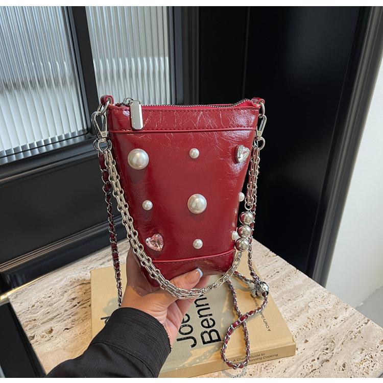 Značkový design PU kožená crossbody taška pro ženy nová malá kabelka na telefon taška přes rameno módní perlová dekorace dámská taška přes rameno