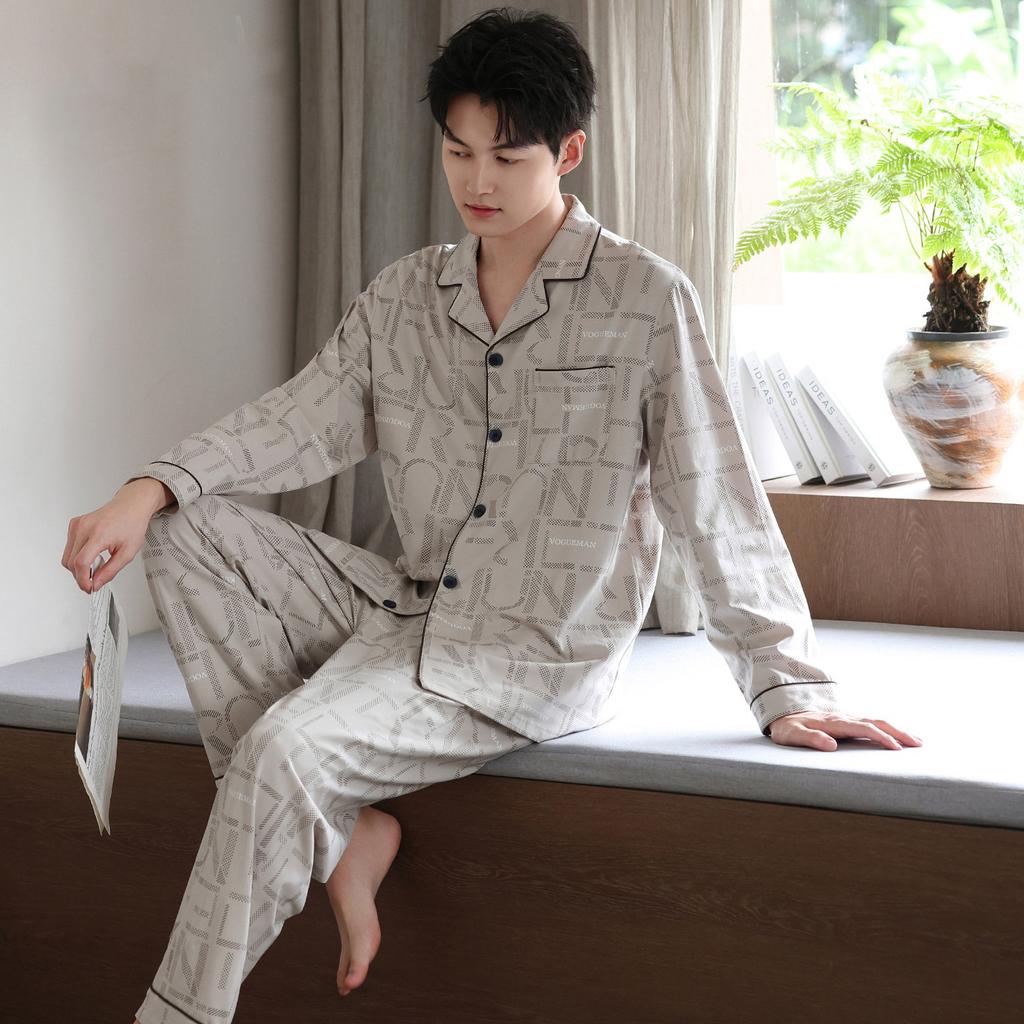 Pajamas Men's Spring and Autumn Cotton Long Sleeve 1011 New Dad Men's Autumn Thin Large Size Loungewear Set