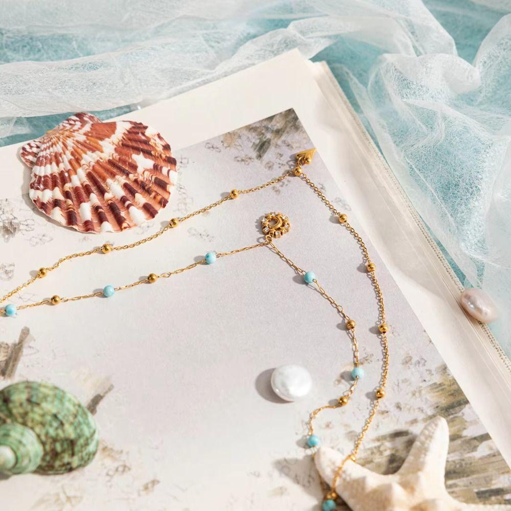 Stainless Steel Sun Pendant Bohemian Double Stacked Neck Chain 18K Gold Plated Necklace  Beach