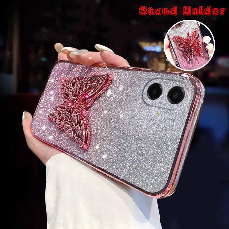 For Samsung Galaxy A07 / Galaxy A07S / Galaxy A08 Case with Cute Butterfly Stand Luxury Slim Gradient Clear Plating Glitter Girls