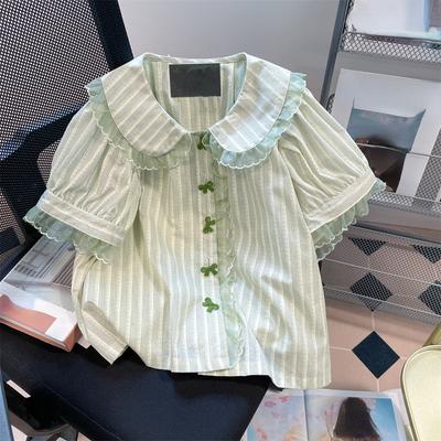 Kawaii Shirts All Match Casual Sweet Bow Cute Tops Fashion Striped Short Sleeve Y2k Aesthetic Lace Patchwork Women Blouse