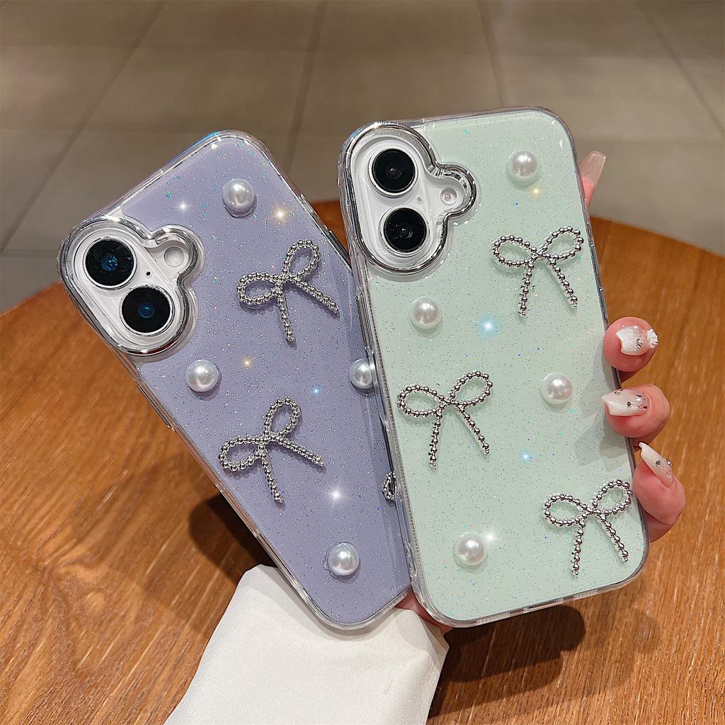For iPhone 16 Plus Case Pearl Bow Epoxy Design TPU+PC Phone Back Cover
