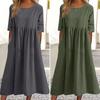 O-Neck Half Sleeve High Waist Pockets Casual Dress Women Pleated Flowy Hem Solid Midi Dress