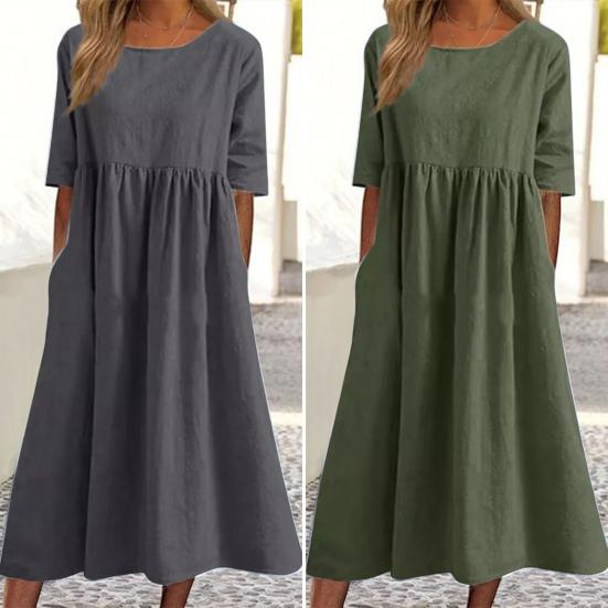 O-Neck Half Sleeve High Waist Pockets Casual Dress Women Pleated Flowy Hem Solid Midi Dress
