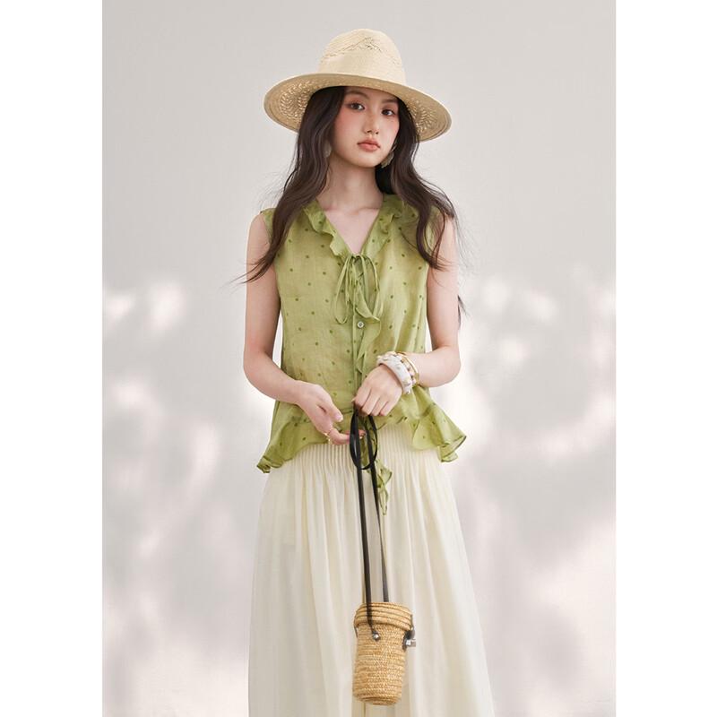 French Style Ramie Polka Dot Sleeveless V-Neck Blouse