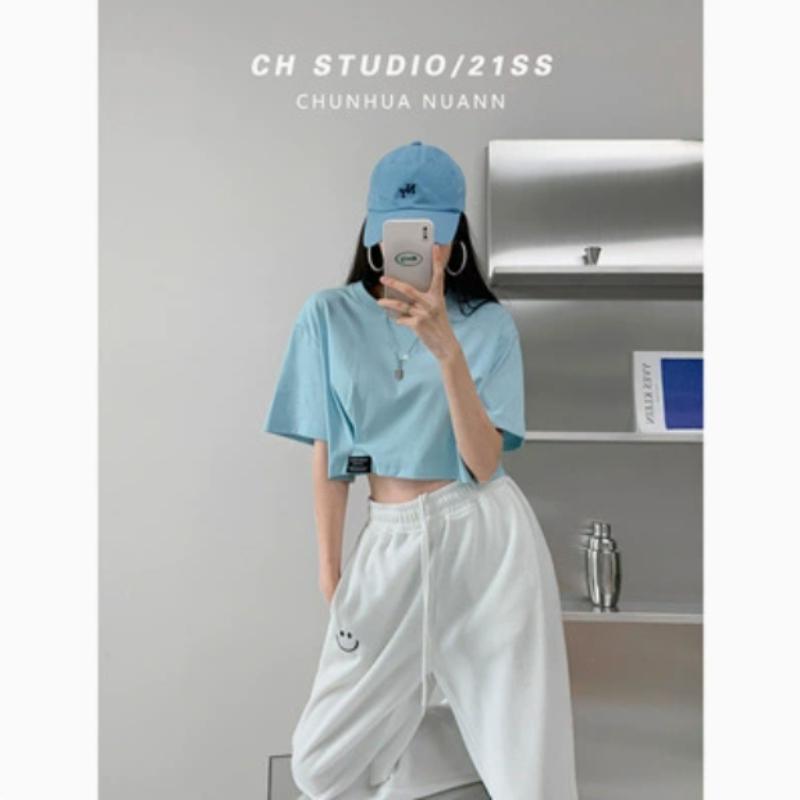 Harajuku Einfache einfarbig Crop Top Frauen Casual Kurzarm T shirt Sommer sexy lose junges mädchen kurze T-shirt tops koreanische kleidung