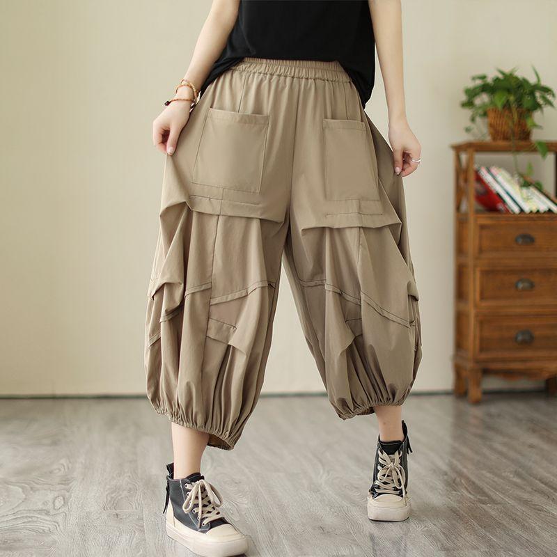 Design Sense Pleated Seven Quarter Pants for Women In Summer Loose Fit High Waisted Wide Leg Lantern Pants