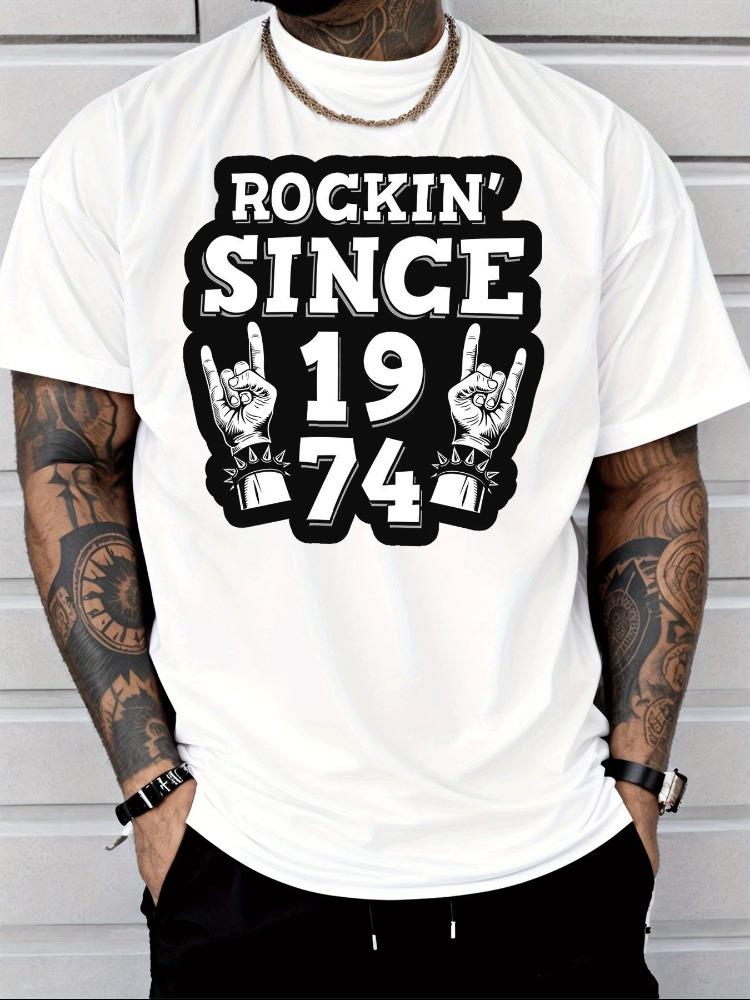 Unisex Summer Cotton Short Sleeve T Shirt Rockin Since 1974 Rock Hand Gesture Print Crew Neck Vintage Rock Music Casual Male Tee