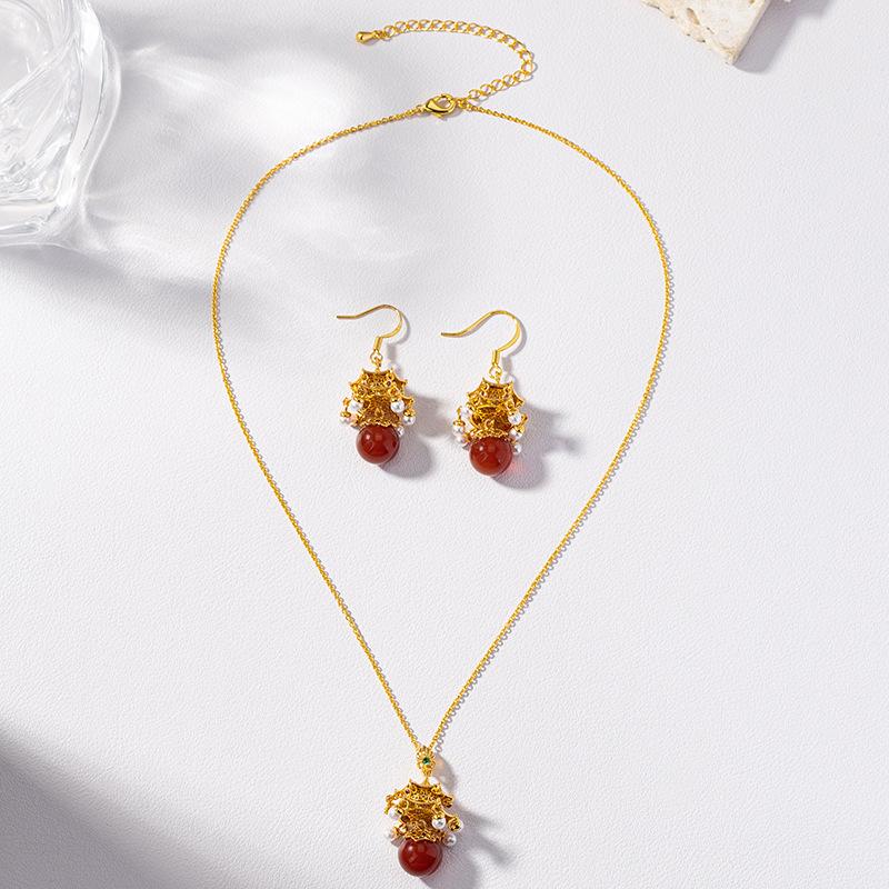 

Ancient Gilt Copper Chinese Necklace & Red Agate Earrings Jewelry Set
