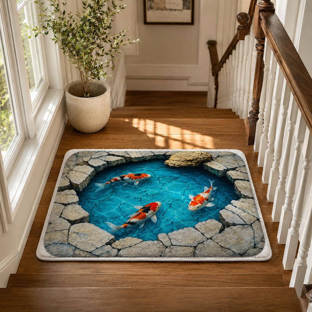 Mystic Koi Pond Floor Mat Flannel Rug Non Slip Absorbent Soft Washable for Entryway Hallway Bathroom Kitchen Decor