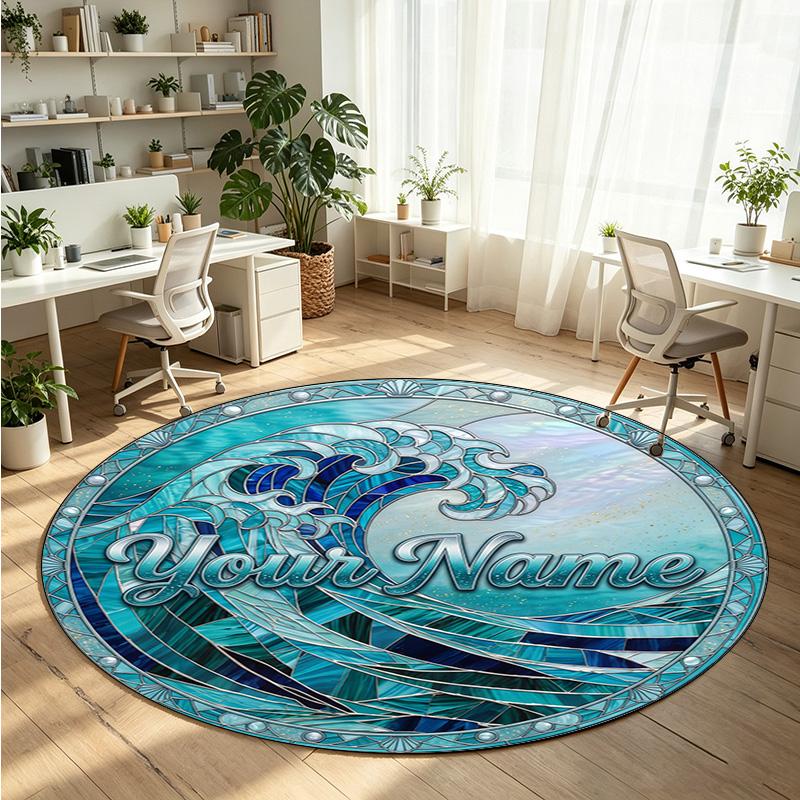 Ocean Sea (45) Theme Round Crystal Velvet Rug Custom Name Text Personalized Floor Mat Home Decor Non Slip Crystal Carpet