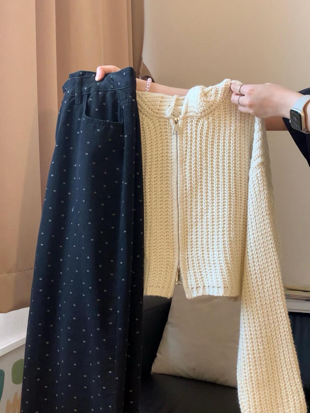 Spring Korean Style Hooded Cardigan & Polka Dot Wide-Leg Pants Two-Piece Set for Women Extra Large