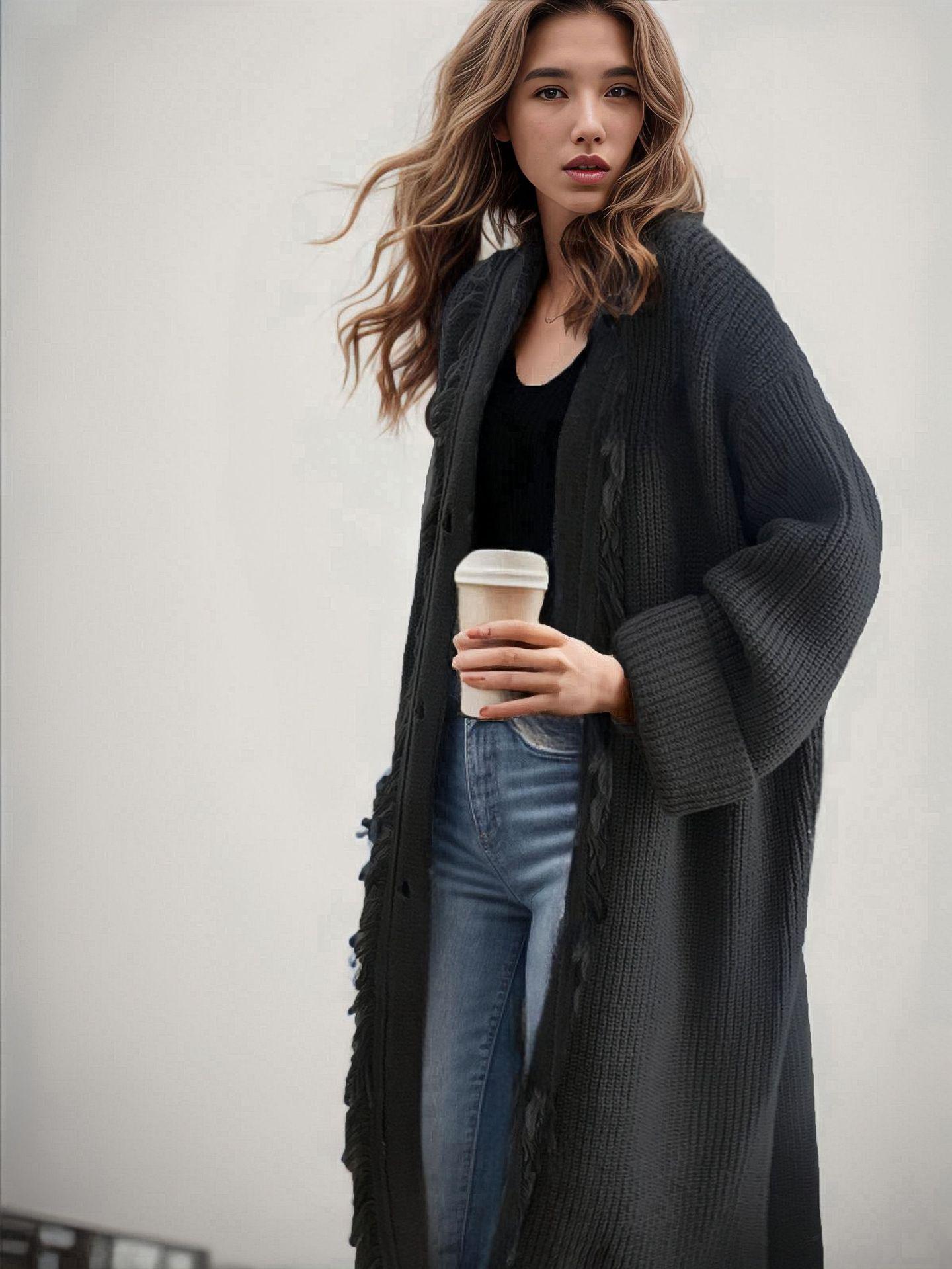 

European & American Style Tassel Solid Color Women s Long Cardigan - Autumn/Winter Long-Sleeve Knitwear 3XL