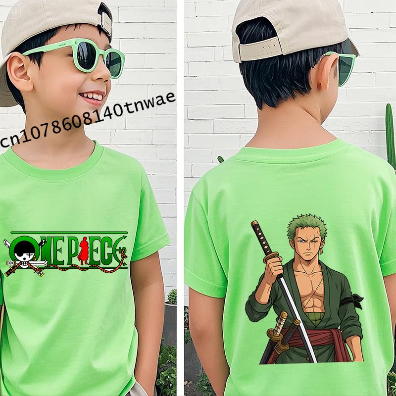 One Piece Roronoa Zoro Anime Kleidung Kinder T-Shirt Baumwolle Kurzarm Grün Cartoon Oberteil für Jungen
