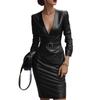 Rochie cu mâneci lungi, cu decolteu în V, din piele PU, cu croială slim fit și fustă care urmărește linia șoldurilor