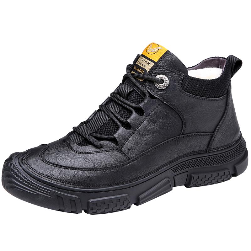 Модные зимние плюшевые ботинки Мужские повседневные кожаные ботинки байкерского стиля Высокие популярные трендовые Универсальные Уличная мода Водонепроницаемая износостойкая обувь 38 чёрный 8533₽