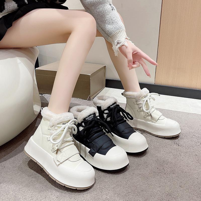 fashion White Fur Lace-up Thick-soled Height-increasing Sneakers for Women Winter New Style Plus Velvet Warm Snow Boots