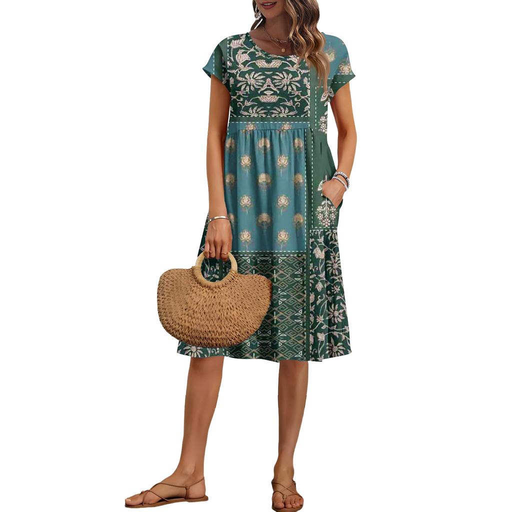 Women's Summer Fashion Casual Round Neck Short Sleeve Vintage Print Dress