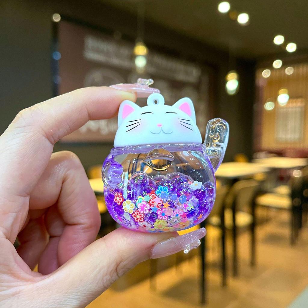 Oil-Filled Lucky Cat Quicksand Keychain Pendant - Cute Small Gift