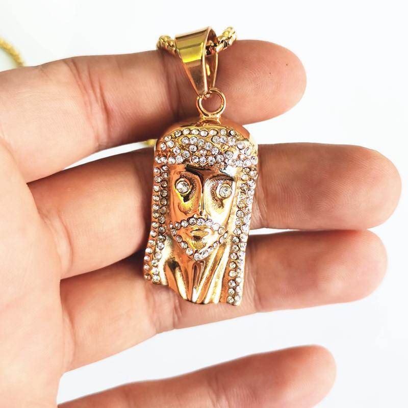 Hip Hop Jesus Pendant Gold Color with Rhinestone Necklaces Jewelry 60cm