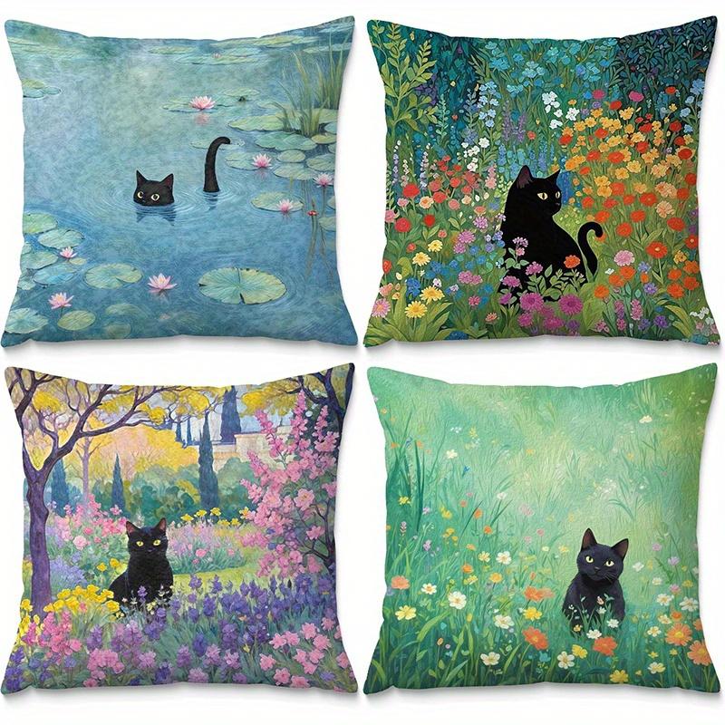 Home Decor Black Cats In Floral and Scenic Scenes Pattern Cushion Cover Suitable for Sofa Bedroom Car Pillow Cover
