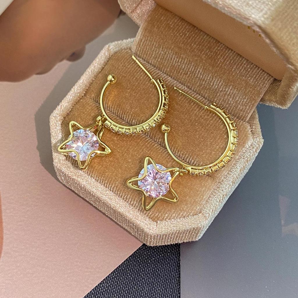 Elegant High-End Five-Pointed Star Silver Earrings with Hollow Diamond Inlay for Women