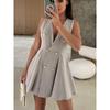 Summer New European and American Fashion Commuter Ol Deep V-neck Double Breasted A Word Sleeveless Vest Dress Skirt DRESS