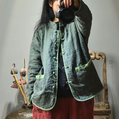 Women Chinese Style Parkas Cotton Linen Button Stand Long Sleeve Coats Winter Solid Color Warm Loose Parkas