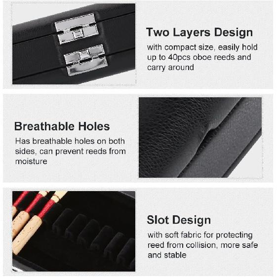 Reed Case, Wooden + PU Leather Cover Reed Case Holder 2 Layers Storage Box for 40pcs Oboe Reeds for 40pcs Oboe Reeds