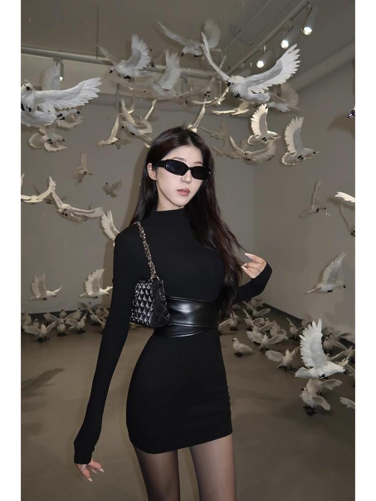 Women's Black High Neck Bodycon Mini Dress - Spring/Autumn Slim Fit
