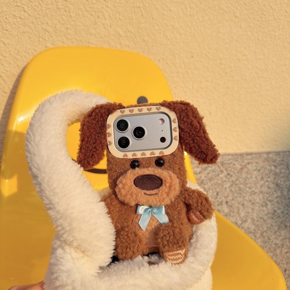 Applicable to Apple 17promax mobile phone case, autumn and winter new 16pro cartoon plush brown teddy dog iPhone15 protective case, cute women's 14