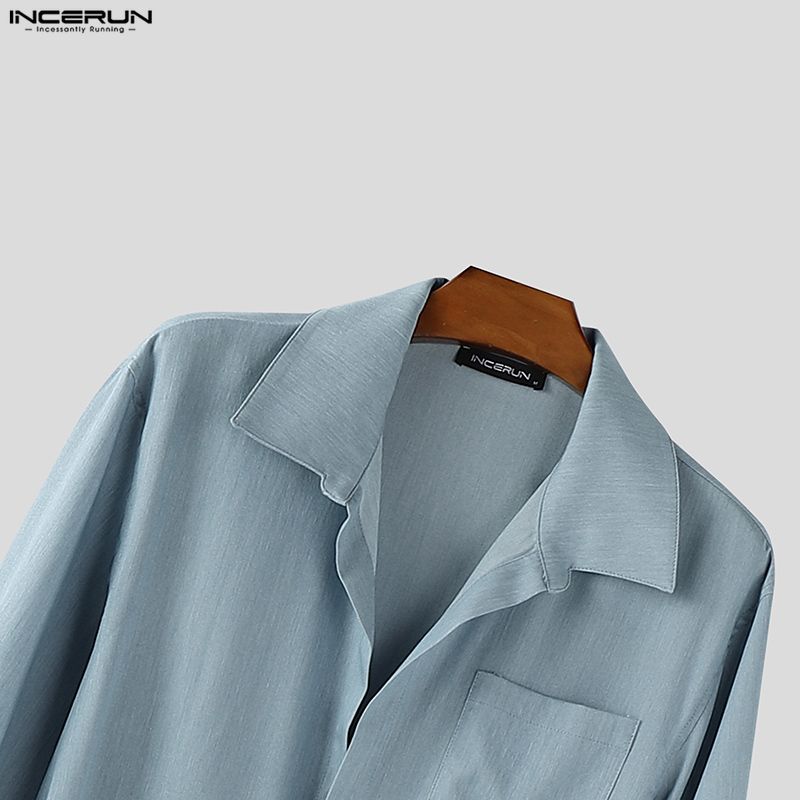INCERUN Men Lapel Neck Long Sleeve Belt Solid Color Casual Buttons Long Jumpsuits Rompers