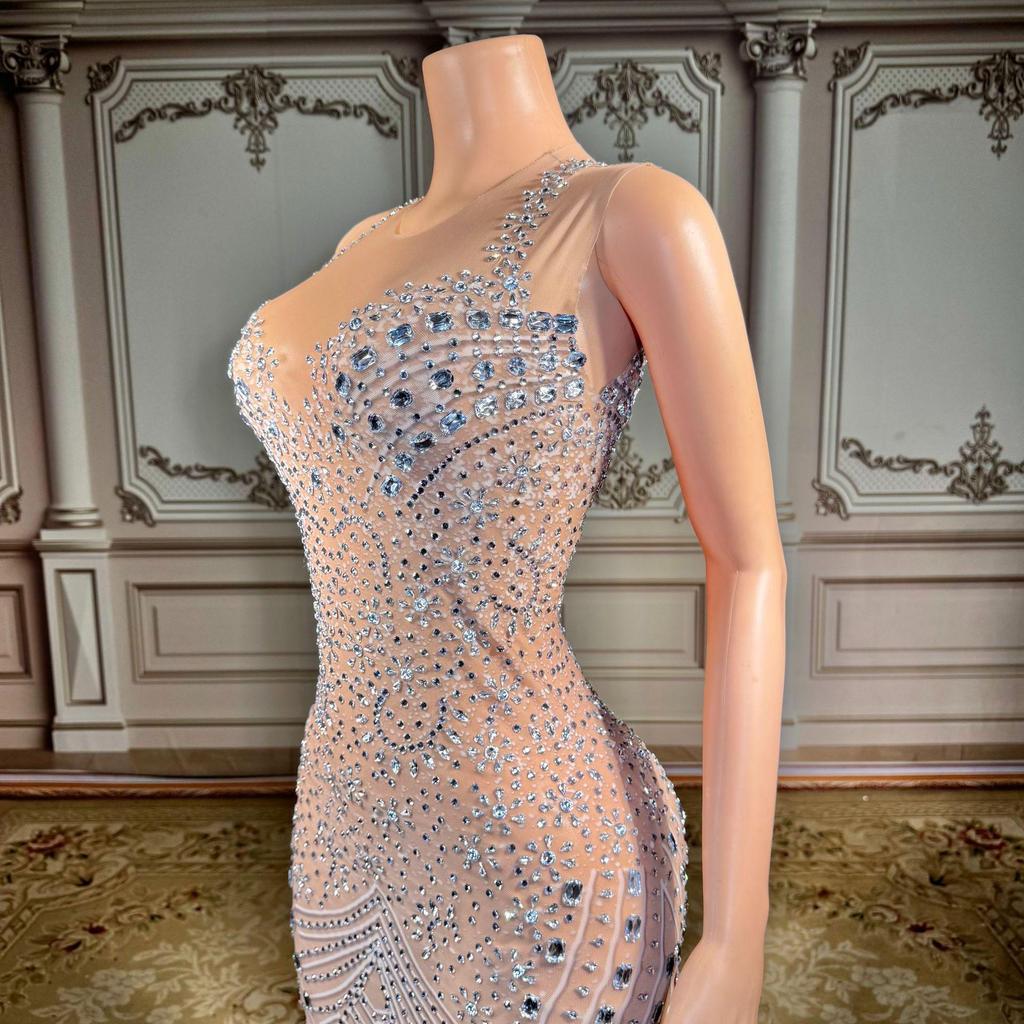 2026 European & American Women's Mesh See-Through Hot Drilling Long Evening Party Dress