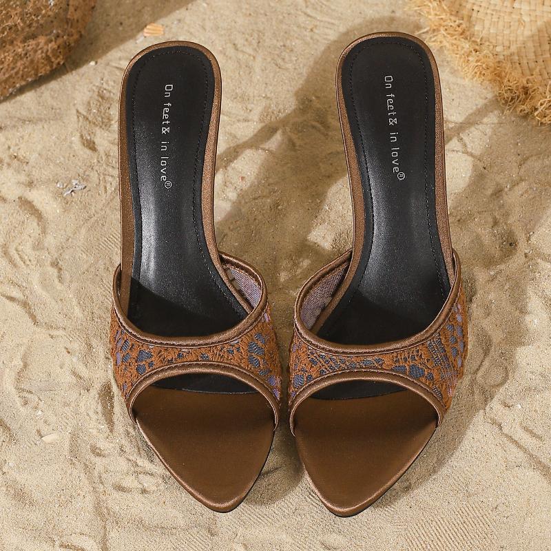 

Fashion Comfortable Mesh Brand High Heel Slippers Women Elegant Pointed Toe Embroidery Design Slide Sandals Fashion Banquet Dress Shoes 42 коричневый