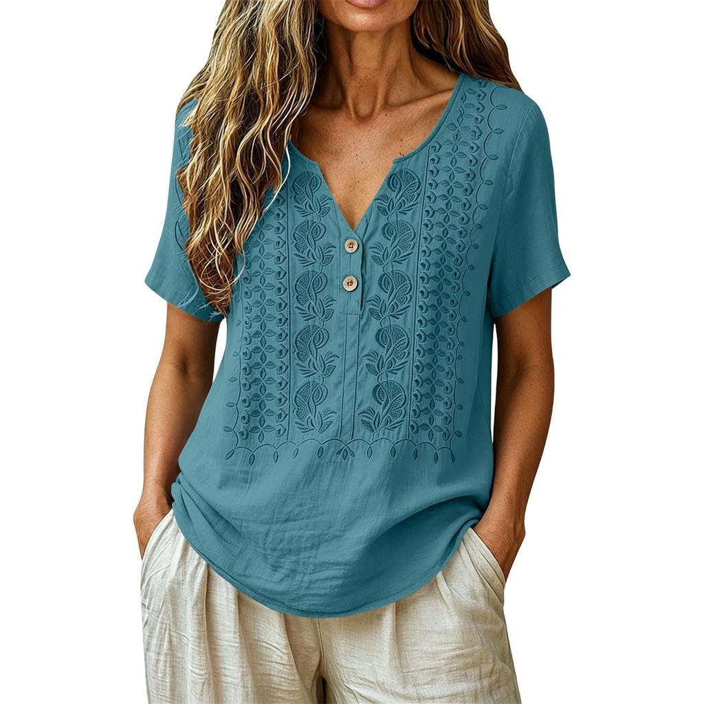Women V Neck Embroidered Short Sleeve Blouse Casual Loose Fit Button Front Summer Top Lightweight Comfortable Shirt