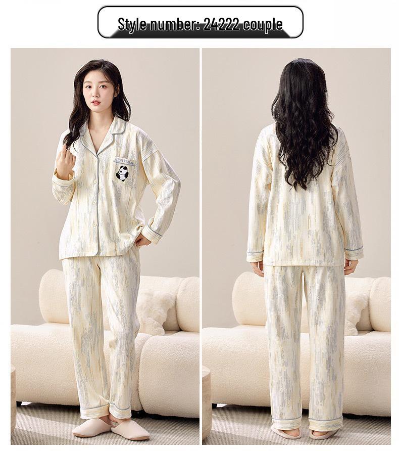 Couple's Korean Style Cotton Pajama Set with Long Sleeve Lapel Cardigan and Chest Pads for Plus Size Women and Men – Autumn/Winter Homewear.