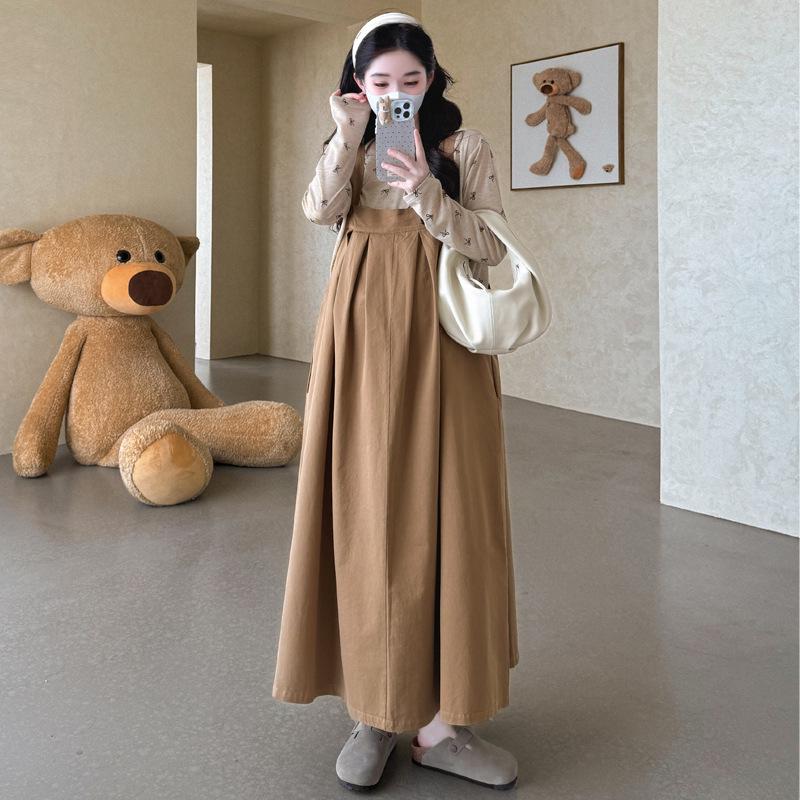 

Korean Style Plus Size Maternity Autumn Overalls Dress & Base Layer Two-Piece Set 2XL