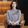 Women's Plus Size Pure Wool Embroidered Sweater - Autumn/Winter Base Layer with Half-high Collar, Perfect for Middle-aged and Elderly Moms.