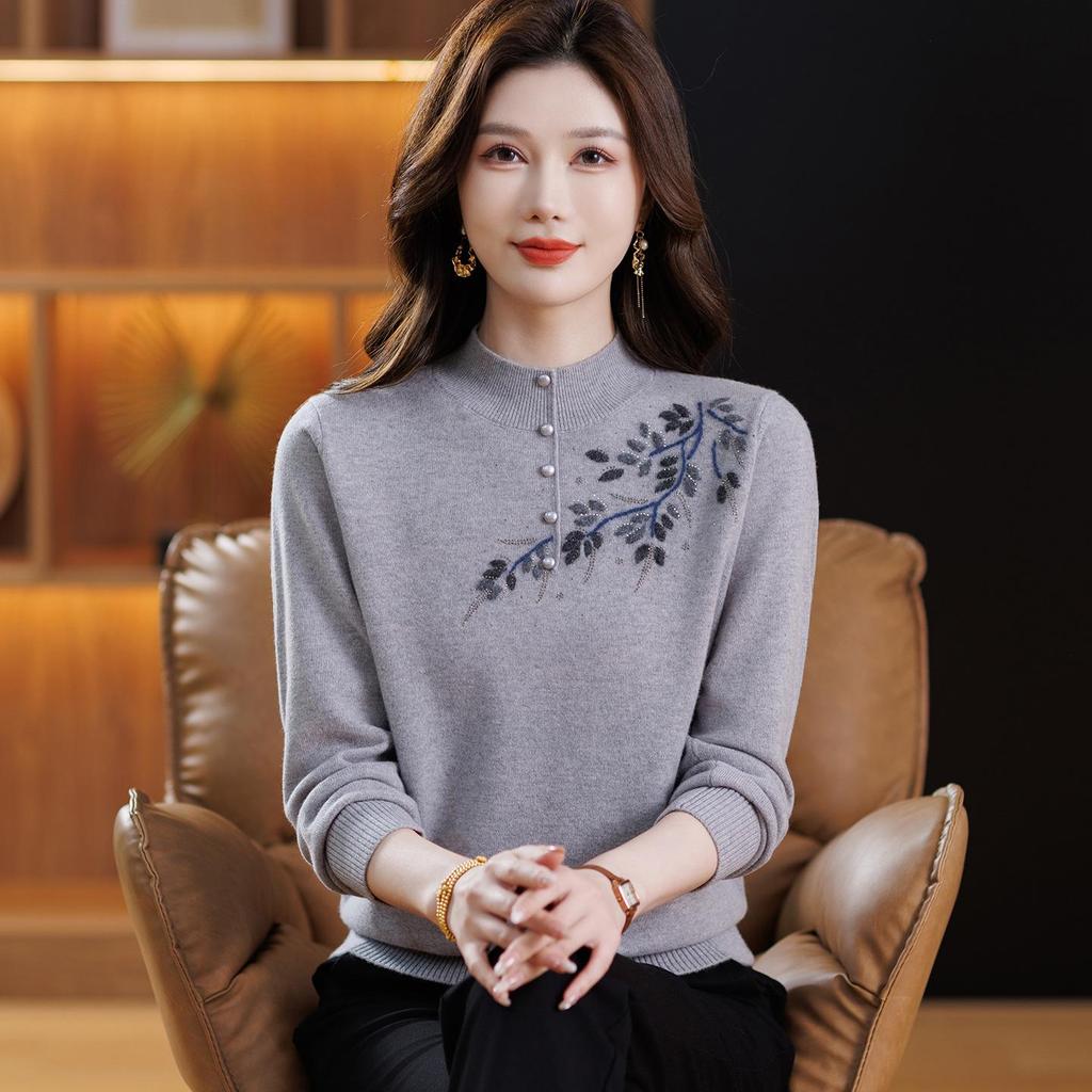 Women's Plus Size Pure Wool Embroidered Sweater - Autumn/Winter Base Layer with Half-high Collar, Perfect for Middle-aged and Elderly Moms.