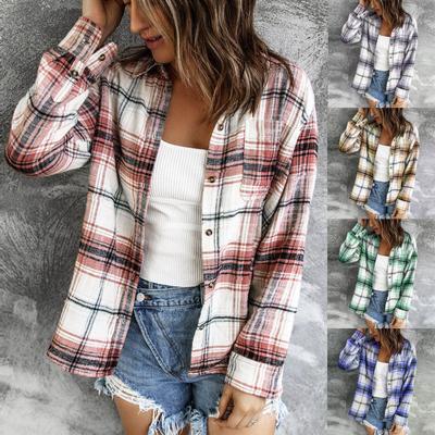 Women Loose Top Plaid Color Block Long Sleeve Casual Ladies  Blouse Coat Shirt Jacket