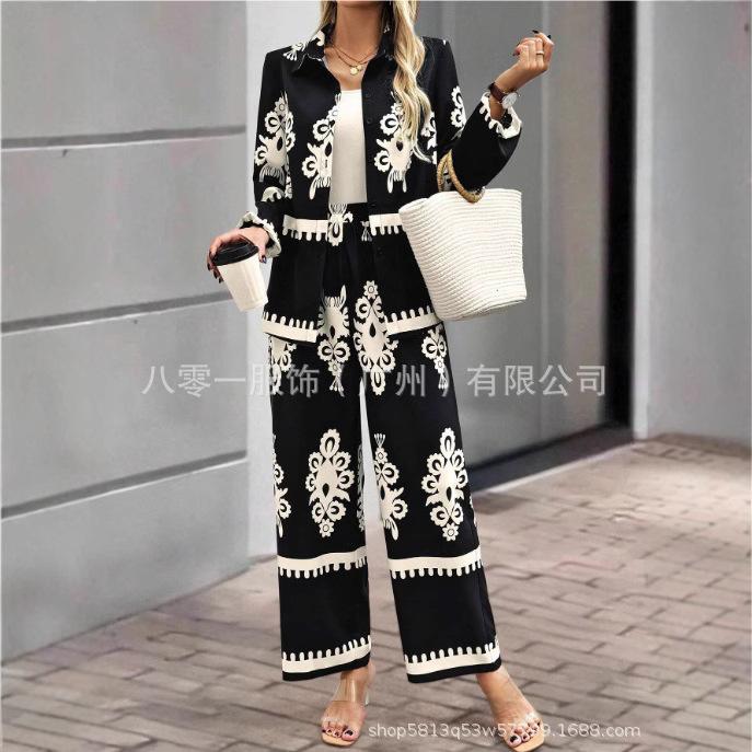 Women Printed Two Piece Outfit Lapel Long Sleeve Shirt & Elastic Waist Wide Leg Pants Casual Matching Set Fall Tracksuit