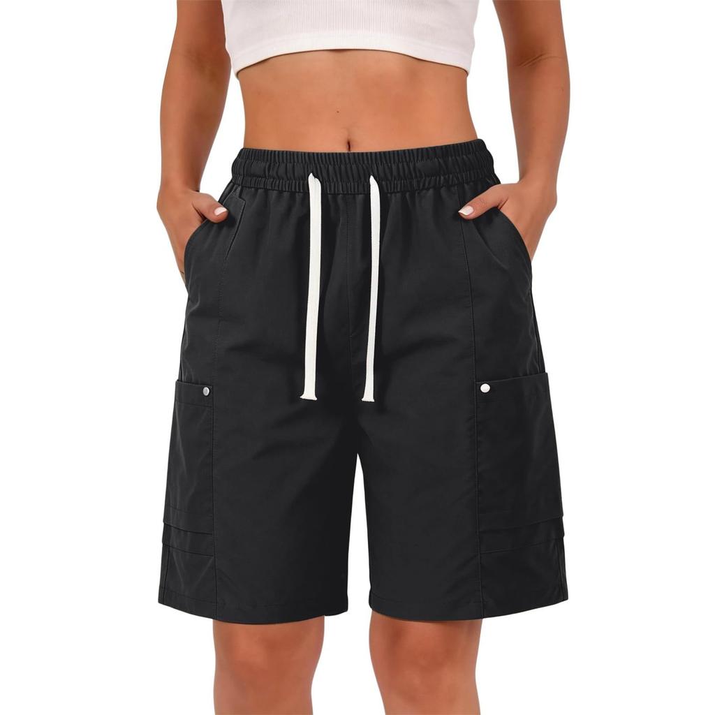 Women’s Summer Loose Fit Drawstring Waist Cargo Shorts with Pockets for Hiking Travel Casual Relaxed Wide Leg Design