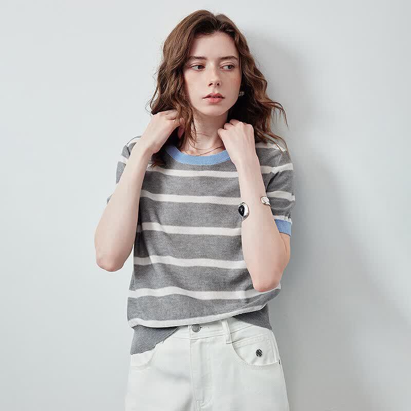 Chuyu Women's Lyocell Retro Stripe Short-Sleeve Knit Top