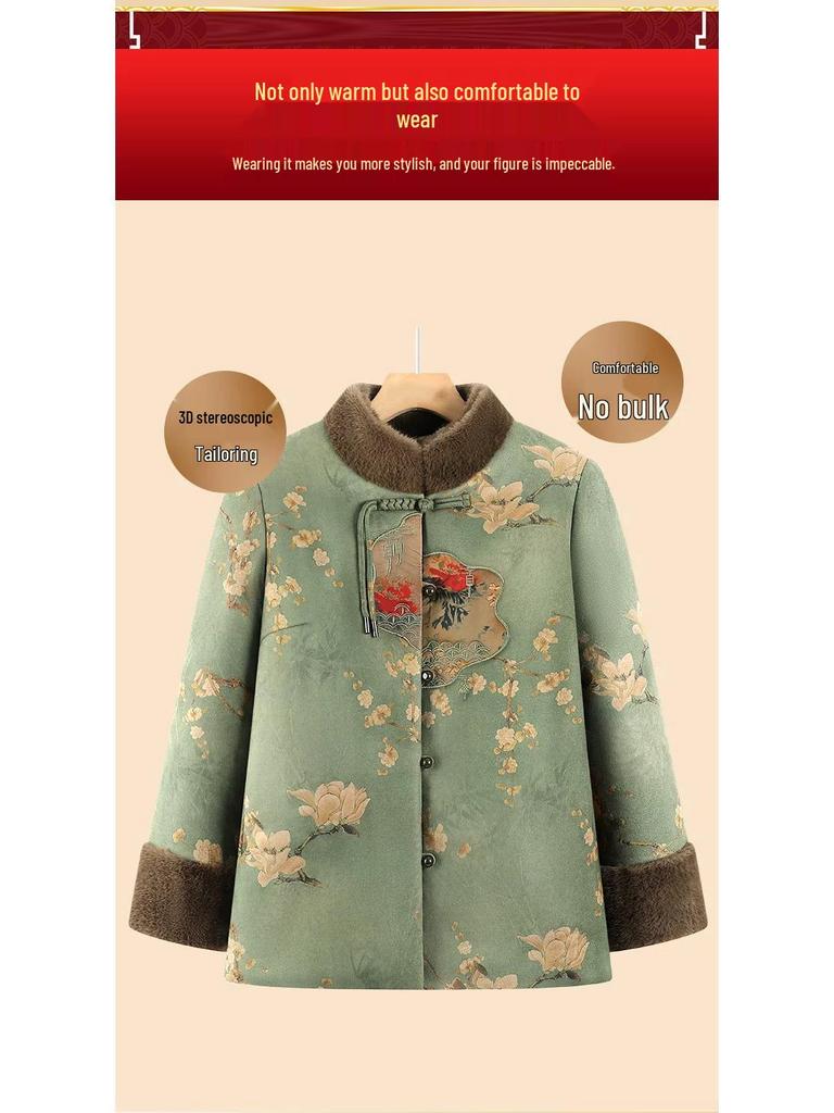 Plus Size Winter Stand Collar Chinese Style Velvet-Lined Cotton Jacket for Grandma
