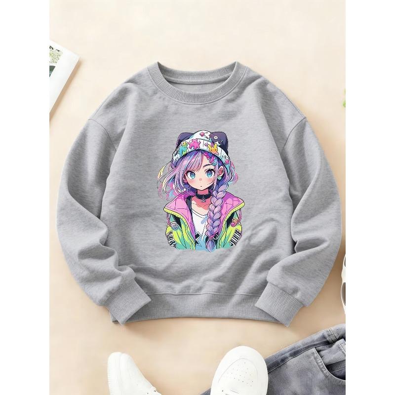 Kids Crewneck Long Sleeve Sweatshirt, Sweet Cool Twin Tails Purple Hair Girl Graphic Print, Soft Stylish Top