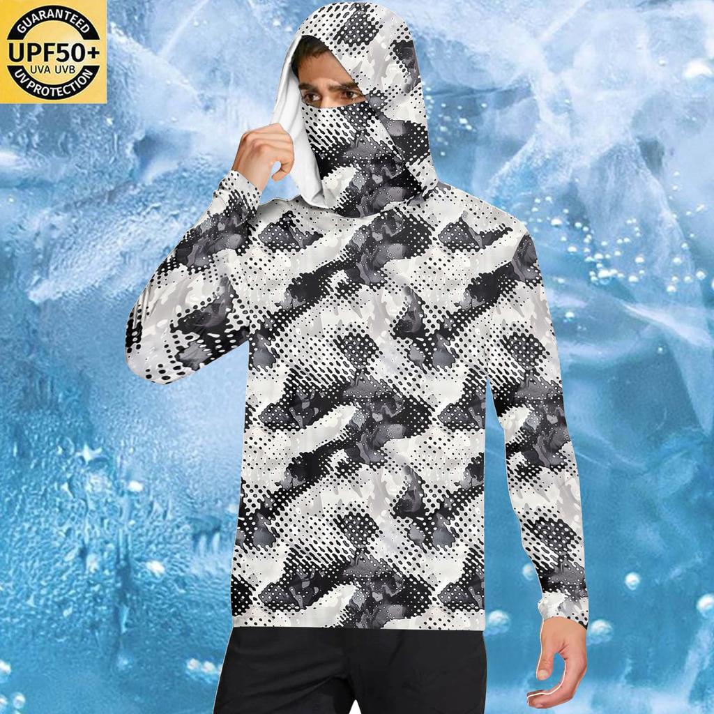 Men's Casual Hooded Long Sleeve Sun Protection Shirt Lightweight Breathable Fabric Quick Dry Outdoor Top with Camouflage Print