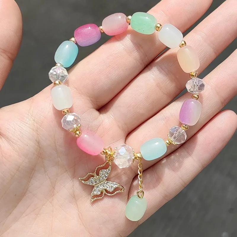 New Sweet Butterfly Beaded Bracelet for Women Girls Pink Color Imitation Jade Bohemian Crystal Hand Jewelry Birthday Party Gifts