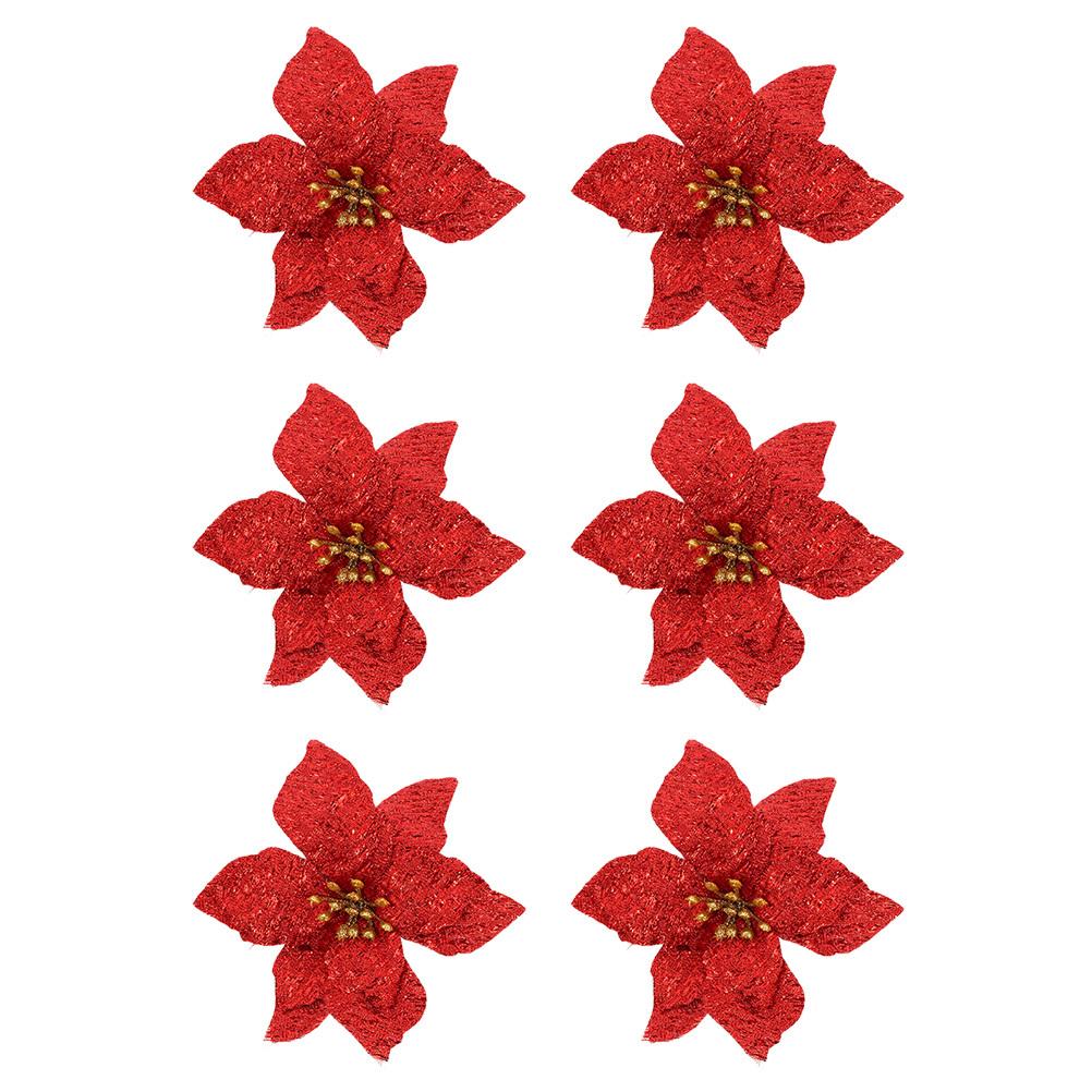 6pcs Christmas Tree Flower Decor Small Simulated Plastic Flowers Diy Glittering Holiday Wedding Decoration Artificial Garland